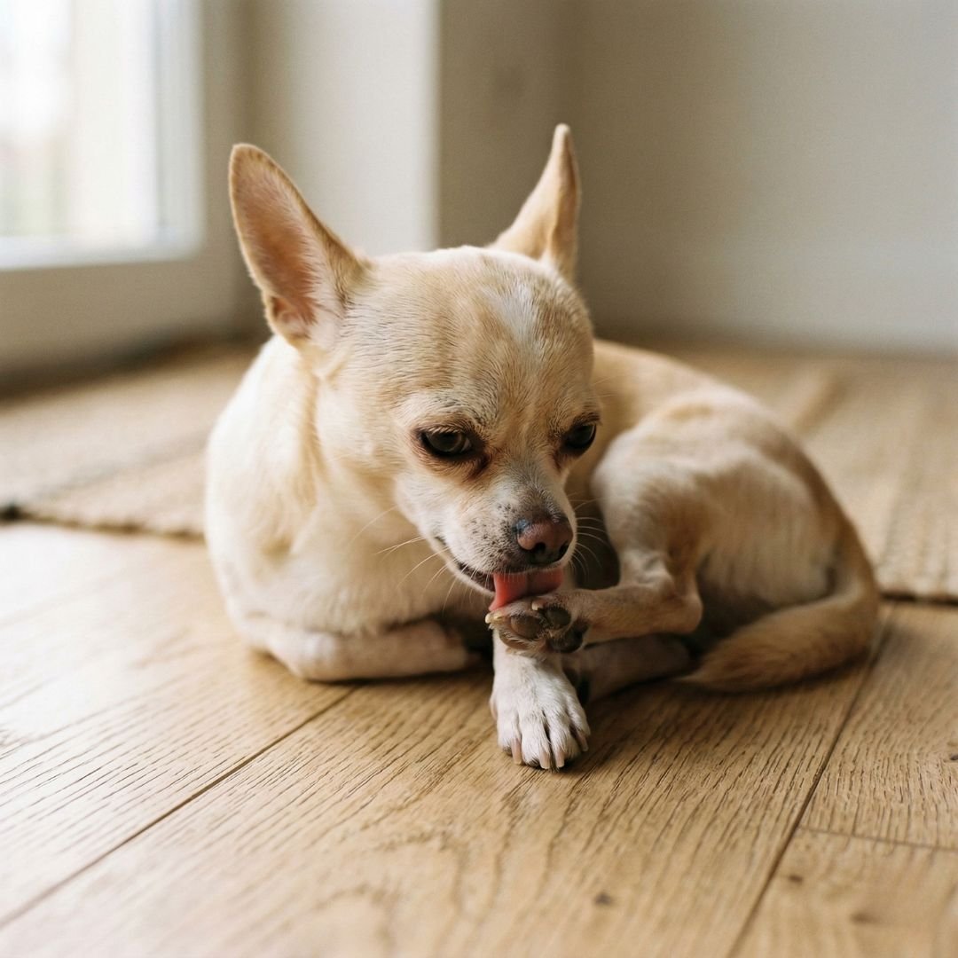 Small dog licking its paw